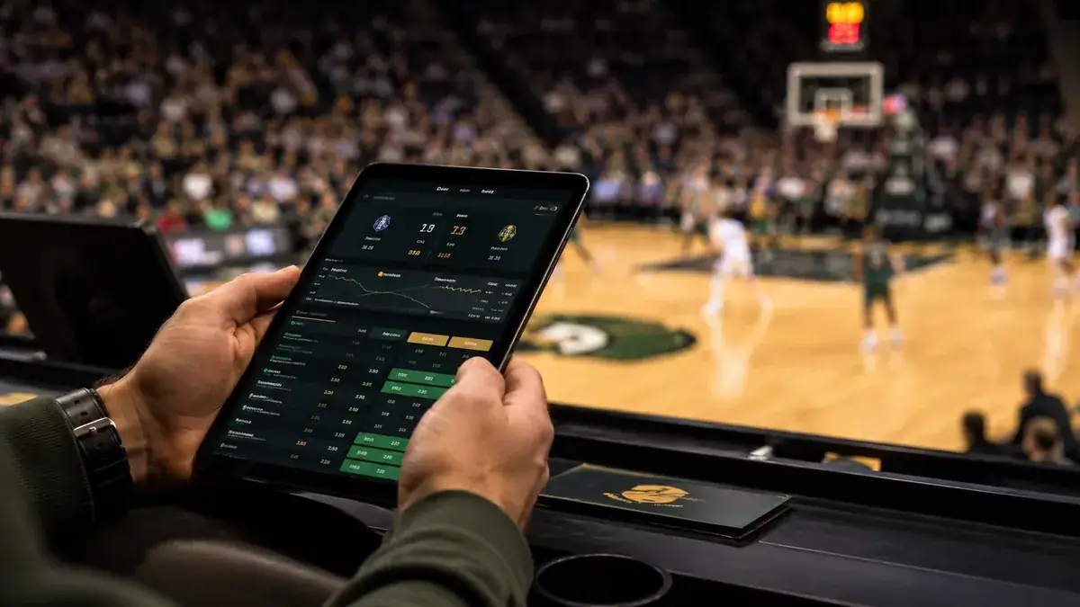Sports bettor reviewing live odds on a tablet during a basketball game