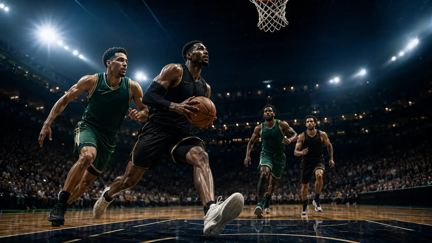 Basketball player driving to the basket in a packed arena