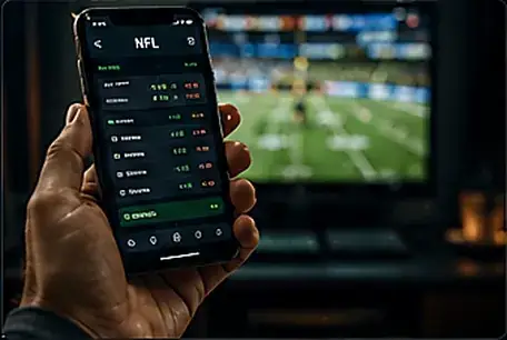 Mobile NFL live betting screen viewed in front of a football game