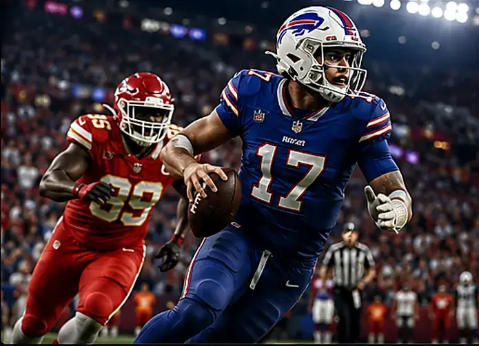 NFL quarterback running with the ball during a stadium matchup