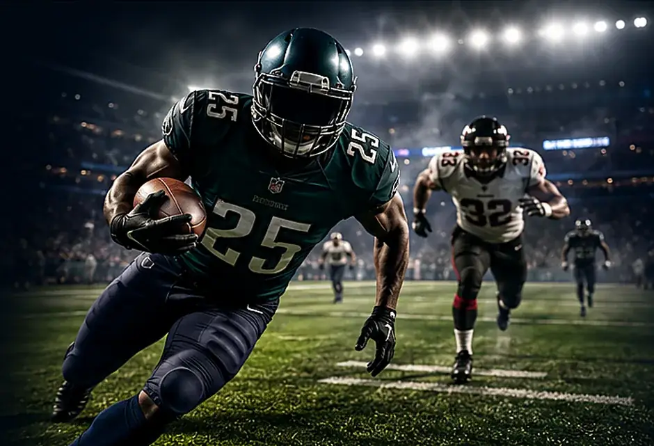 NFL running back carrying the football under stadium lights