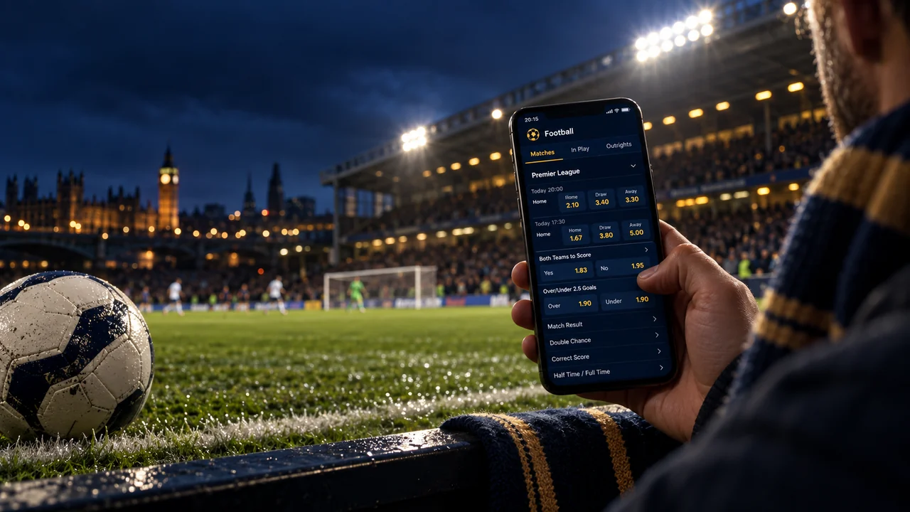 UK football matchday with football betting markets displayed on a phone