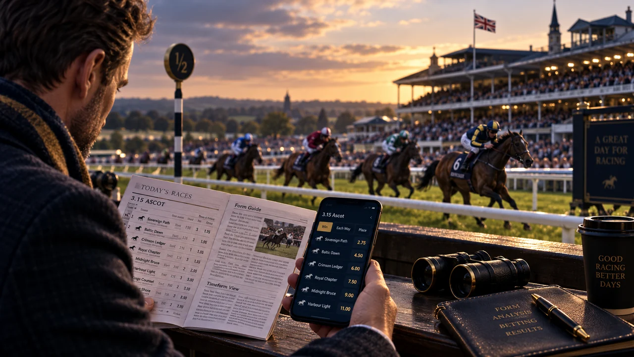 British horse racing scene with a racecard and betting odds